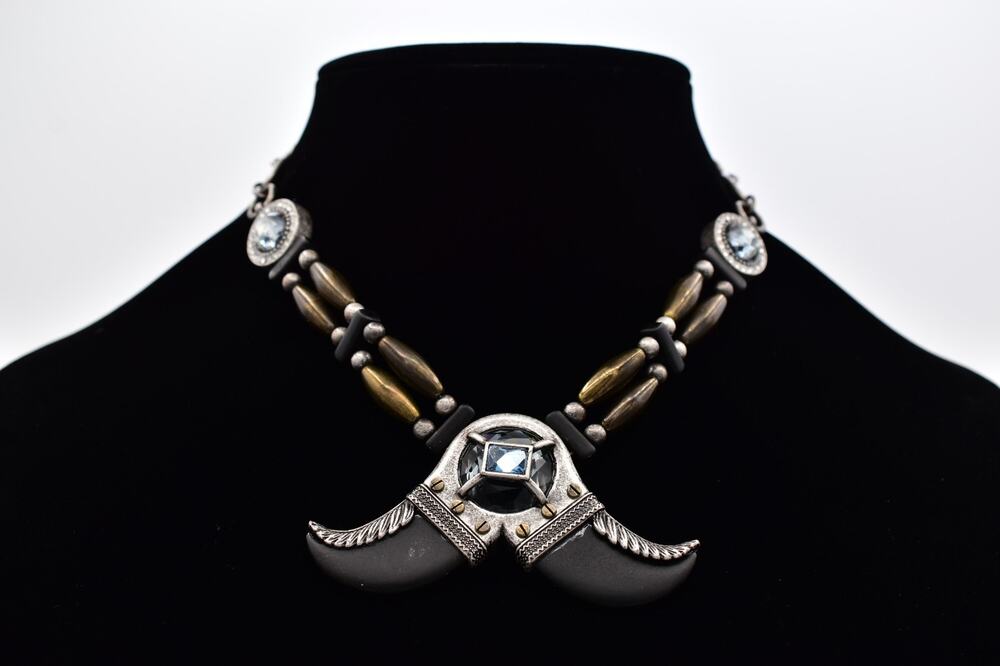 AllSaints Crystal Statement Necklace Mixed Metal Black Tribal Boho Rare Y2K 9J